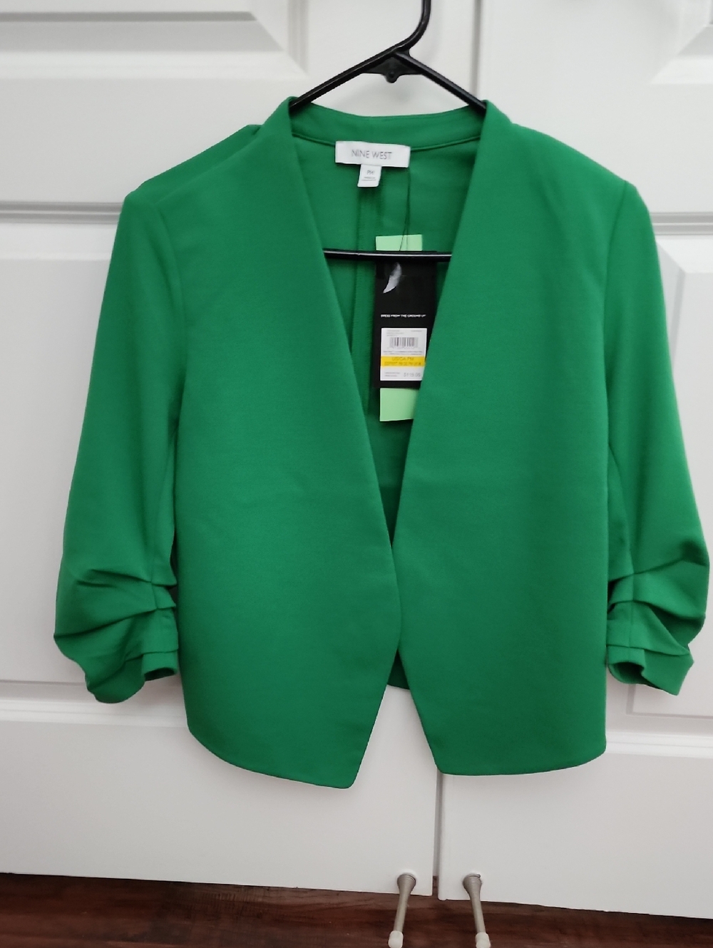 Nine West Green Open-Front Cropped Blazer with Ruched 3/4 Sleeves